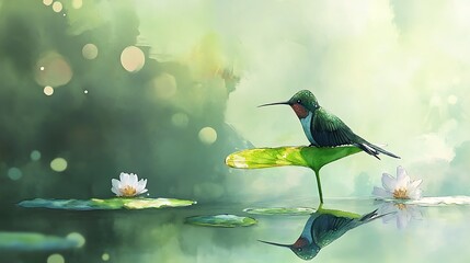 Fototapeta premium A watercolor anime-style scene with a hummingbird resting on a floating leaf