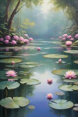 A tranquil forest pond covered with green lily pads and blooming pink water lilies, reflecting sunlight through tall trees, creating a dreamy and serene natural landscape scene.
