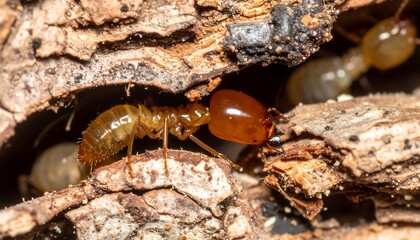 Termites in Decaying Wood: Close-up View of Insects in Brown and Orange Tones