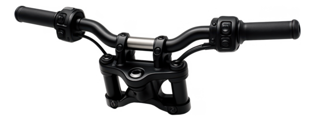 Black motorcycle handlebars featuring rubber grips and integrated switch controls.