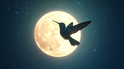 A celestial anime hummingbird flying past a radiant full moon
