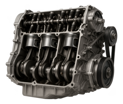 Open view of a four-cylinder car engine block showing pistons, crankshaft, and camshaft components.