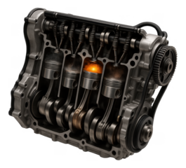 Detailed view of a four-cylinder internal combustion engine with pistons and camshaft visible.