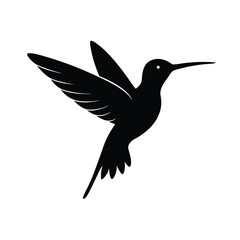 Elegant black hummingbird silhouette flying with wings spread on a clean white background