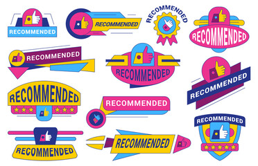 Recommended badge banner collection. Set of banner recommended with thumbs up. Collection of advertising badges with like