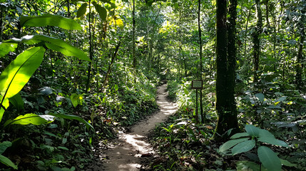 Fototapeta premium A Lush Rainforest with A Narrow Winding Path Sunlight D556da68 32cf 467d Aeea C2bdc322a591 2
