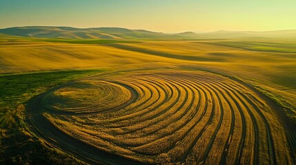 Fototapeta premium Aerial view of a harvested field showcasing stunning concentric circles in golden wheat at sunset