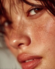 Naklejka premium Close-up side profile of a woman's face, emphasizing rosy cheeks and nose with fine lines
