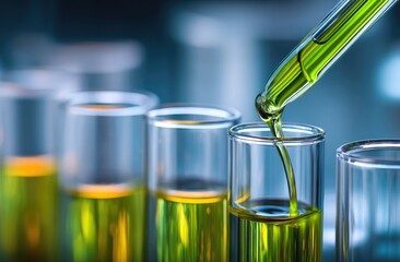 Green liquid being dispensed into test tubes.  Colorful liquids in various test tubes. Laboratory glassware. Scientific research