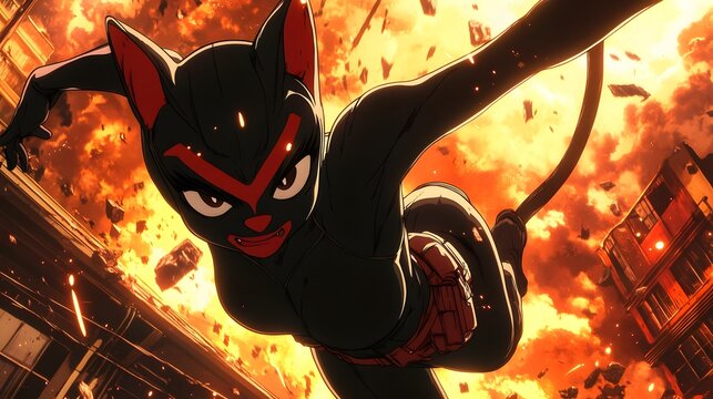Cat Noir and Rena Rouge rescuing civilians from a collapsing building in anime style