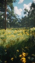 Obraz premium Scenic meadow of wildflowers and green grass under a sunny sky