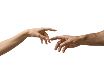 Creation's Touch: Two hands, one belonging to a man and the other to a woman, reach towards each other, symbolizing connection, creation, and human touch in this artistic rendition.