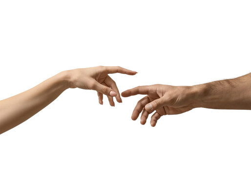Creation's Touch: Two hands, one belonging to a man and the other to a woman, reach towards each other, symbolizing connection, creation, and human touch in this artistic rendition.