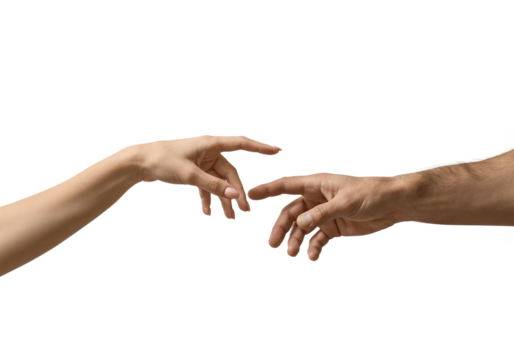 Creation's Touch: Two hands, one belonging to a man and the other to a woman, reach towards each other, symbolizing connection, creation, and human touch in this artistic rendition.