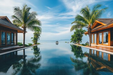 Tropical overwater villa with symmetrical palms on either side, calm water reflection