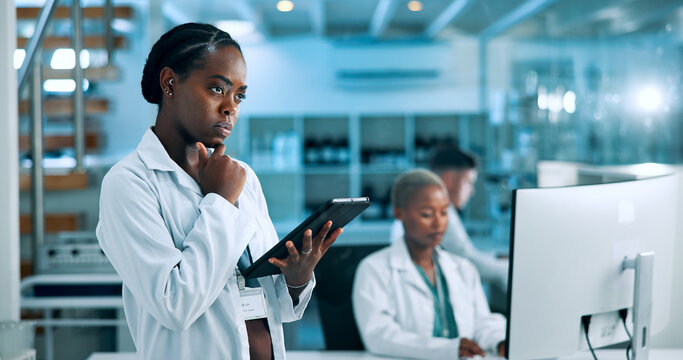 Science, thinking or woman in lab with tablet, solution or gene editing in medical experiment. Data scientist, biology innovation or problem solving for health report, DNA test or research results