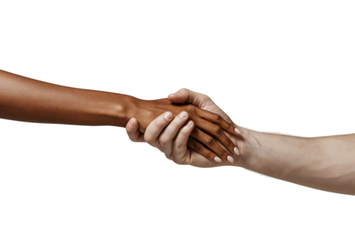 Handshake: A powerful visual symbol of unity and understanding, featuring two hands clasped in a firm handshake, representing agreement and partnership across diverse backgrounds and cultures. 
