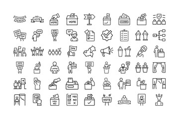 Voting, election line icon set. Featuring Ballots, Voters, Election Day Activities, Polling Stations, Campaigns, and Election Procedures in Black and White