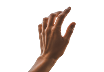 Reach for the Horizon: A lone hand reaches upward against a white backdrop, its slender fingers poised in a gesture of aspiration, potential, and hope.