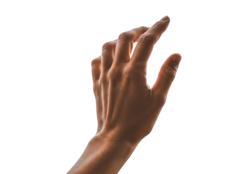 Reach for the Horizon: A lone hand reaches upward against a white backdrop, its slender fingers poised in a gesture of aspiration, potential, and hope.