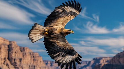 Fototapeta premium Majestic raptor soaring high above a dramatic landscape.