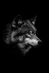 Fototapeta premium Intense Wolf Portrait in Black and White Studio Shot Profile View Captivating Gaze and Detailed Fur Texture