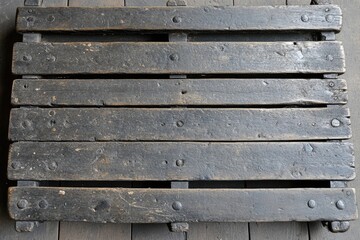 Dark, weathered wooden platform.  Horizontal planks,  joined by metal fasteners.  Shows age and use