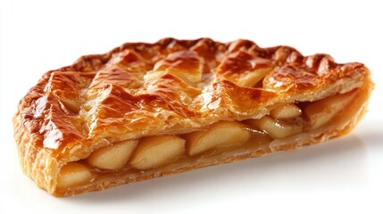 A slice of apple pie with flaky crust, isolated on white