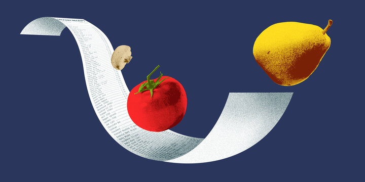 Creative art collage. Grocery receipt with tomato, pear and ginger floating around against dark blue background. Textured effect. Concept of expensive groceries and inflation.