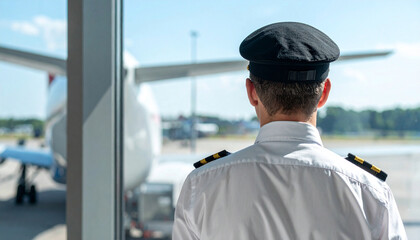 Airline pilot seen from the back controling the big plane from cockpit with view over the sky in the background