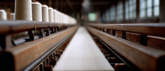 Long perspective view of industrial fabric machinery with rows of thread spools, symbolizing precision and productivity.