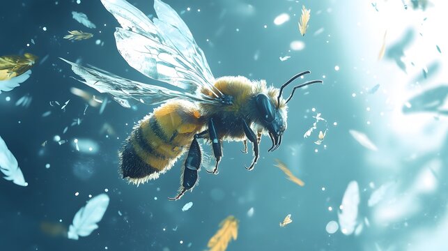 Queen Bee diving through a hailstorm of akuma feathers in anime style