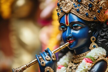 Blue Deity Statue Playing Flute