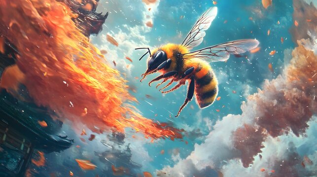 Queen Bee diving through a hailstorm of akuma feathers in anime style