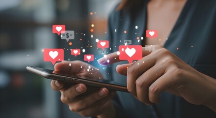 Concepto de redes sociales y tecnología digital en línea: una mujer usa un teléfono inteligente y muestra un ícono tecnológico.