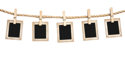 Rustic Display of Five Vintage Style Blank Photo Frames on Wooden Background