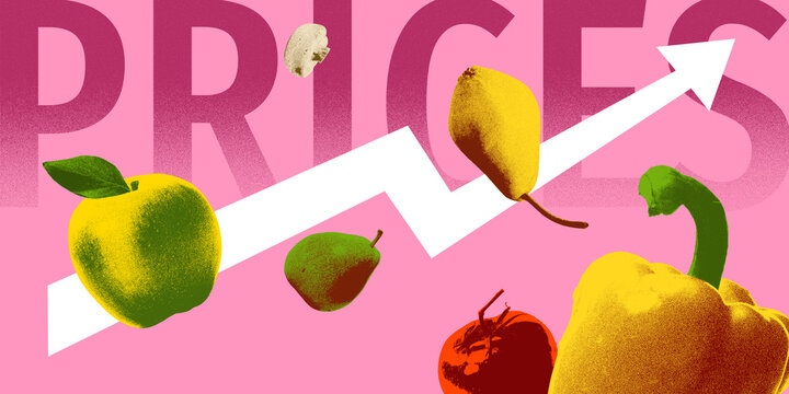 Conceptual art design. Colorful fruits and vegetables with white arrow and rising prices text against pink background. Textured art effect. Concept of inflation and market change.