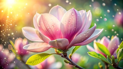 Beautiful blooming pink magnolia flower with water droplets in soft sunlight close up © Grafix71