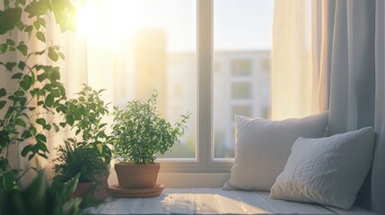 Sunlight streams into a window seat filled with plants.
