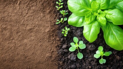 Freshly planted herbs in rich soil