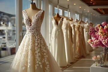 A collection of stunning wedding dresses showcases diverse styles and intricate designs in a well-lit bridal boutique 