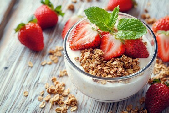 Yogurt parfait with granola and strawberries - Powered by Adobe