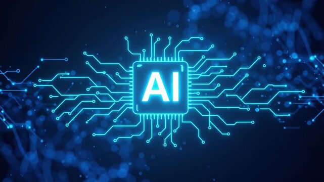 The luminous "AI" logo is centralized within a processor, surrounded by interconnected circuits on dark blue background.