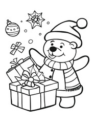 Cheerful cartoon depiction of Santa Claus holding Christmas ornaments amidst wrapped gifts and snowflakes. Ideal for holiday themes, celebrations, and festive decorations.

