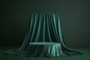 Green velvet fabric draped over round table and backdrop in studio setting product display stage luxury elegance