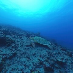 Fototapeta premium Green Sea Turtle swimming underwater near coral reef in tropical ocean from low angle perspective wildlife marine life