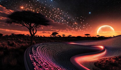 Cosmic landscape with a winding path of glowing data amidst a vibrant sunset.  A lone tree stands sentinel