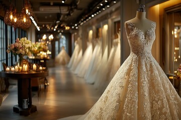 A collection of stunning wedding dresses showcases diverse styles and intricate designs in a well-lit bridal boutique 