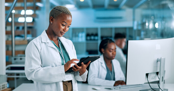 Scientist, reading or woman in laboratory with tablet, update or gene editing medical experiment. Science, innovation breakthrough and touchscreen with health report, DNA test or research results