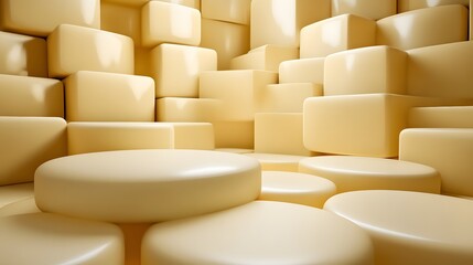 Fototapeta premium Abstract Pastel Yellow 3D Cubes and Cylinders Minimalist Background